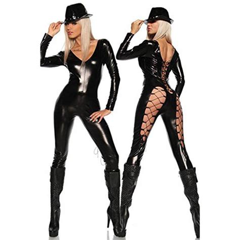Black Sexy Catsuit Sexy Lace Up Style Hollow Out Faux Leather Jumpsuit Low V Neck Long Catsuit W7913