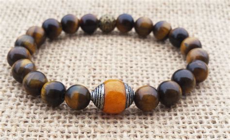 Carnelian Guru Bead Bracelet Tigers Eye Protection Beaded Gemstones Men