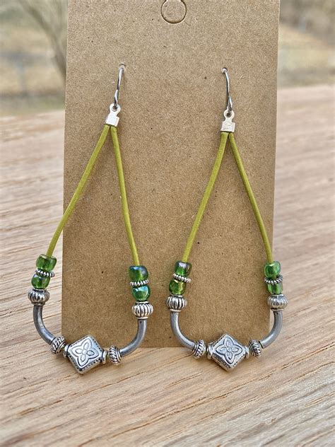 Green leather hoop earrings boho earrings beaded earrings | Etsy | Etsy earrings, Boho earrings 