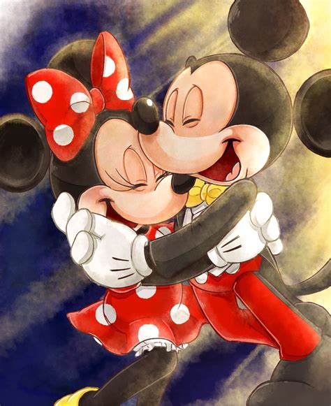 Mickey And Minnie Kissing Each Other In Front Of A Blue Sky With White