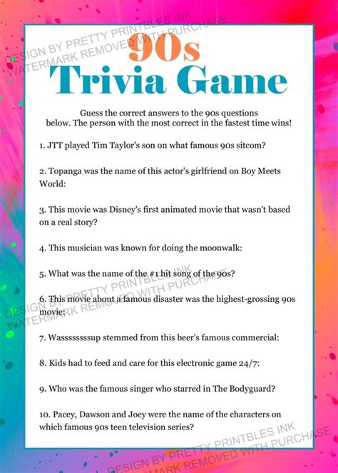90s Trivia Game Printable Girls Night Game 90s Party Game Adult Birthday Game Adult Party