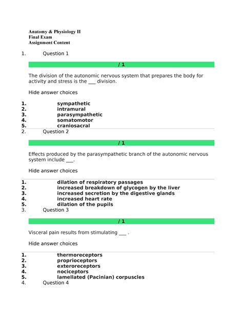 Anatomy And Physiology Ii Final Exam Questions Anatomy And Physiology Ii