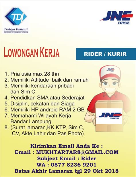 Lowongan kerja kurir di jne slawi. Lowongan JNE Lampung