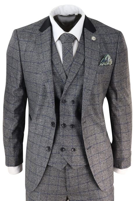 Mens Grey Blue Check 3 Piece Suit Buy Online Happy Gentleman
