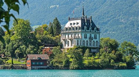Iseltwald Castle View From Alpine Lake Brienz Stock Image Image Of