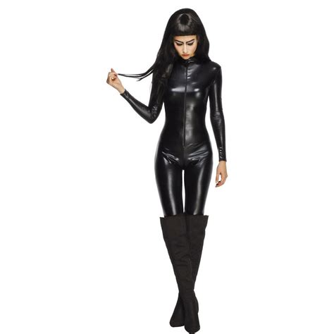 Ladies Fever Miss Whiplash Costume Black Catsuit Halloween Fancy Dress Outfit Ebay