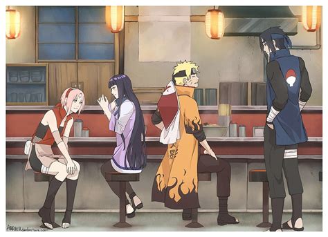 Hinata Sakura Naruto And Sasuke Standing In Bar Counter HD Wallpaper Wallpaper Flare
