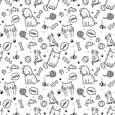 Pets Cats And Dogs Seamless Pattern In Doodle Style Cute Linear