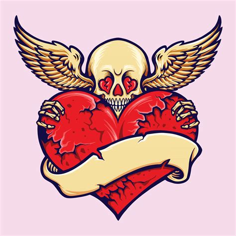 Skull Holding Cracked Heart With Banner 1936135 Vector Art At Vecteezy