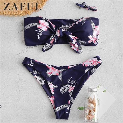 Zaful Bandeau Bikini Side Boning Floral Tie Front Bikini Set Wire Free