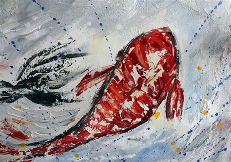 Red Black Koi Fish Abstract Painting Palette Knife Textured Artwork