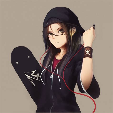 Download A Girl With Glasses Holding A Skateboard Wallpaper