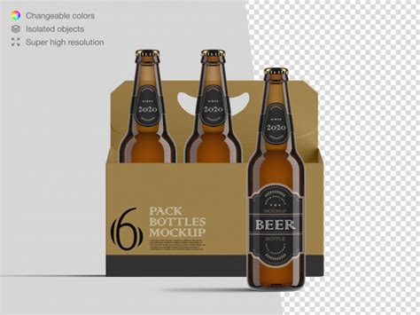 Premium Psd Realistic Front View Six Pack Beer Bottle Mockup Template