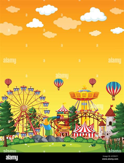 Amusement Park Scene At Daytime With Blank Yellow Sky Illustration