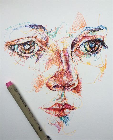 Coloured Pen Fine Liner Portrait Face Drawing Sketch Line Layers