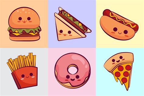 Kawaii Colorful Fast Food Cartoon Icons Collection By Guluntine