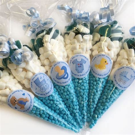 Personalised Blue Baby Shower Favours Filled Sweet Cones Party Bags