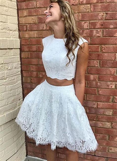 White Lace Two Pieces Short Prom Dress Party Dress Homecoming Two