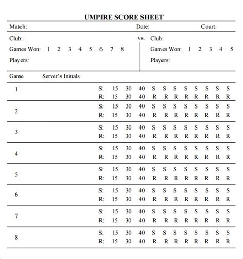 Free 8 Sample Tennis Score Sheet Templates In Pdf