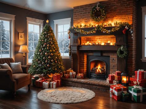 A Cozy Christmas Scene In A Living Room With Brick Fireplace And Tree
