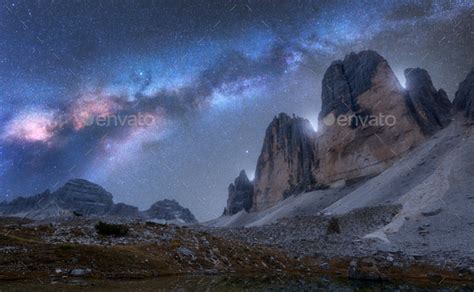 Milky Way Over Mountains At Night In Summer Tre Cime Stock Photo By