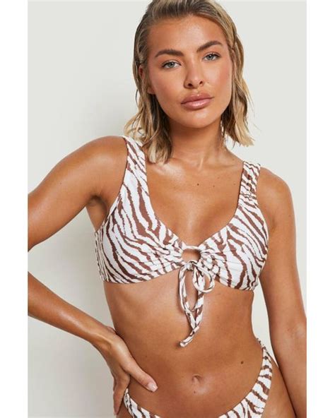 Boohoo Tiger Print Plunge Tie Bikini Top In White Lyst