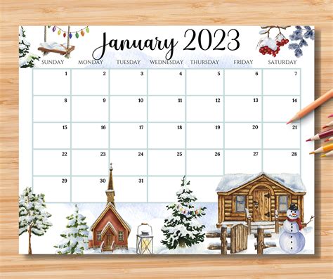 Editable January 2023 Calendar Beautiful Winter At A Village Etsy México
