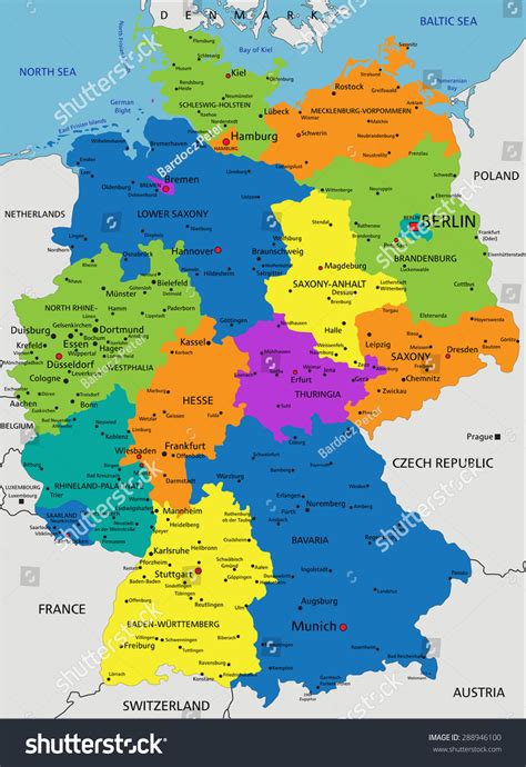 Colorful Germany Political Map Clearly Labeled 库存矢量图（免版税）288946100
