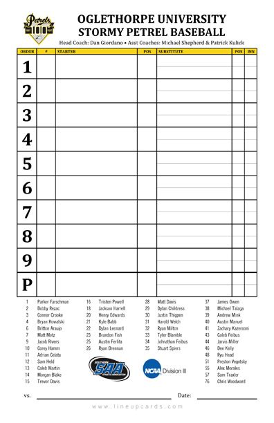 Custom College Baseball Lineup Cards 4 Part Lineup Cards With College