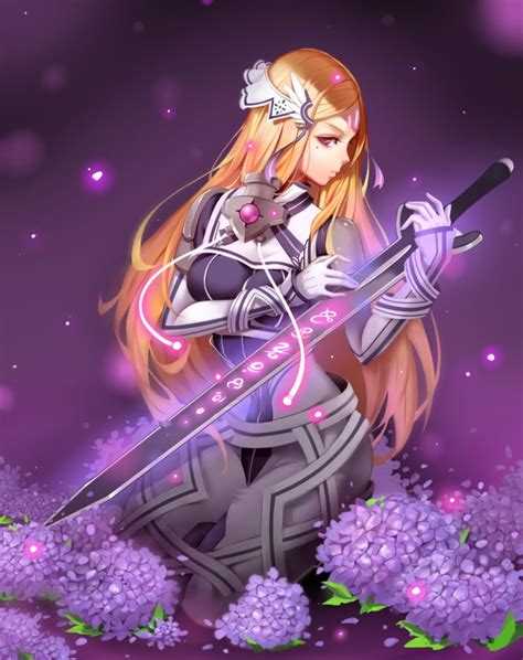 Long Hair Blonde Red Eyes Anime Anime Girls Sword Weapon Flowers