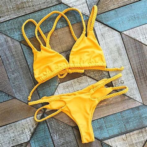 giselle braided criss cross triangle strappy cheeky brazilian bikini set yellow bikini