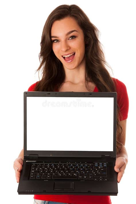 Beautiful Young Business Woman Showing Laptop Screen Co Stock Photos