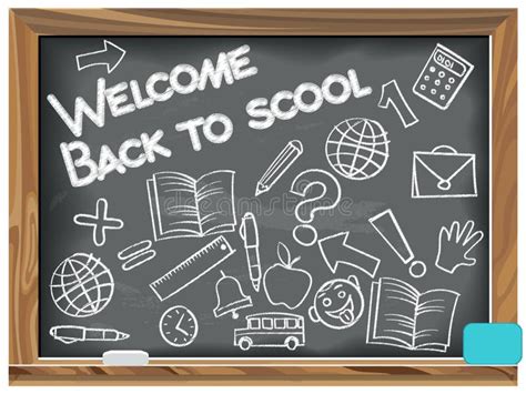 Welcome Back To School Written Chalk On A Blackboard With Scool Icons