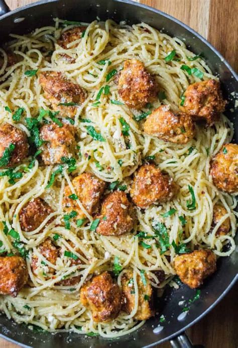 Add the pasta and cook until tender but still firm to the bite, stirring occasionally, about 8 to 10 minutes. Parmesan Garlic Spaghetti with Chicken Meatballs | A ...