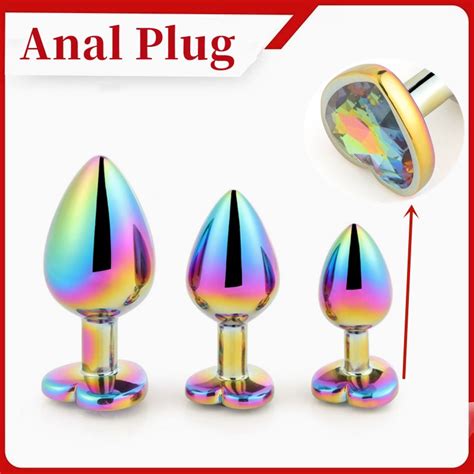 Colored Metal Anal Plug Rainbow Glass Diamond Heart Shaped Base 3 Sizes