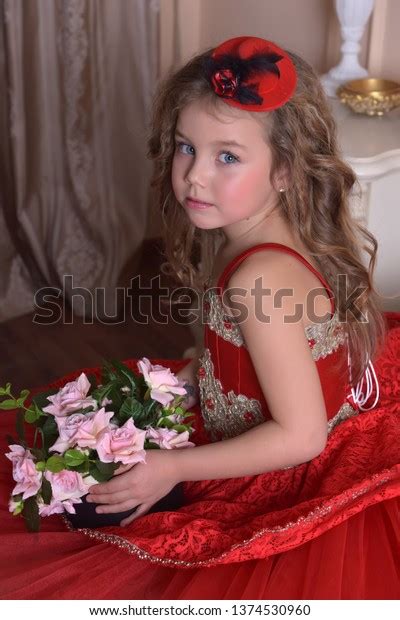 Portrait Little Girl Princess Red Dress Stock Photo 1374530960