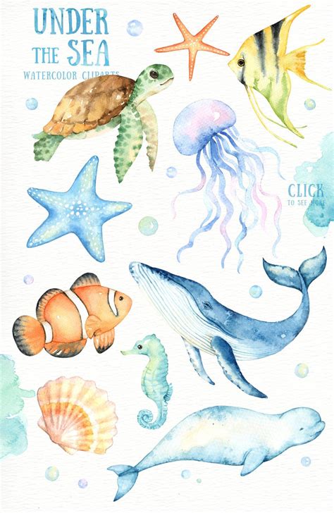 Under The Sea Watercolor Clipart Nursery Prints Nautical Etsy Unter
