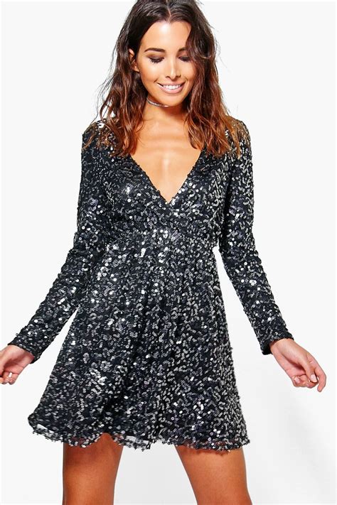 Boutique Sequin Wrap Skater Dress Boohoo Short Sparkly Dresses