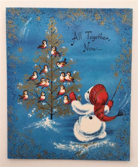 Unused Vintage Christmas Card Snowman Conductor Singing Birds Gold Tree