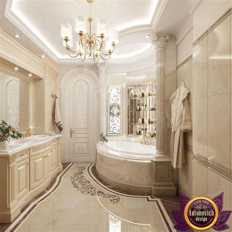 A Luxurious Bathroom With Chandelier And Marble Floors