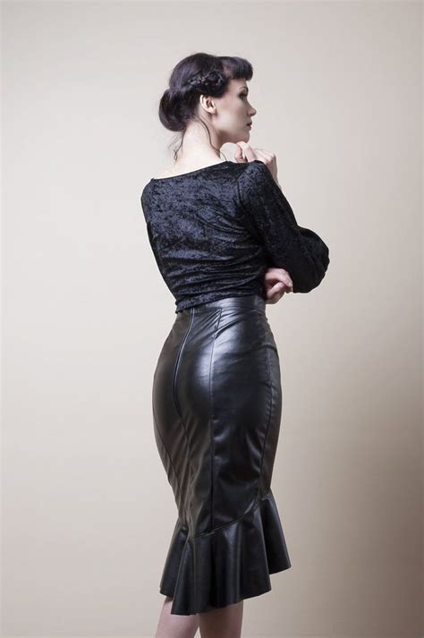 Black Faux Leather Pvc Hobble Skirt With A Ruffle Made To Etsy