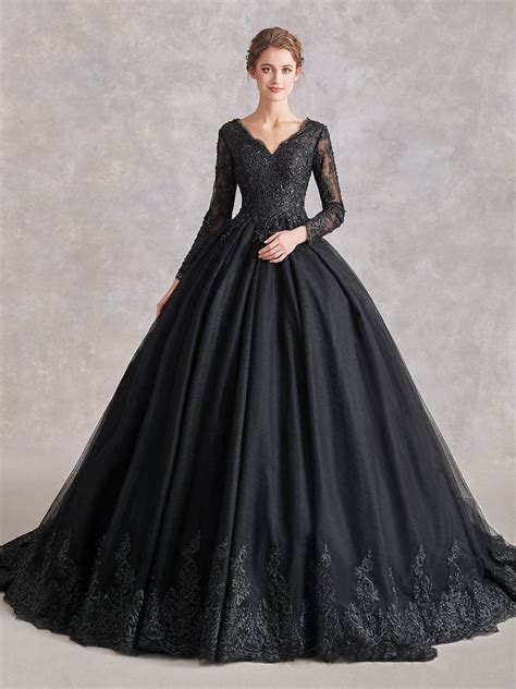 The Luxe Black Wedding Dress Black Ball Gown Long Sleeve Wedding