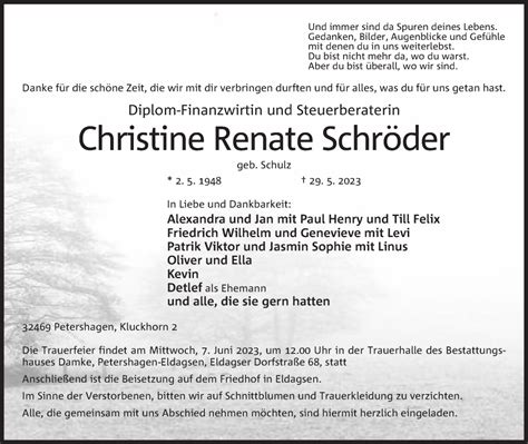 Traueranzeigen Von Christine Renate Schröder Trauermtde