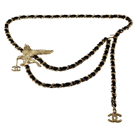 Vintage Chanel Jeweled Eagle Chain Leather Necklace Belt For Sale At