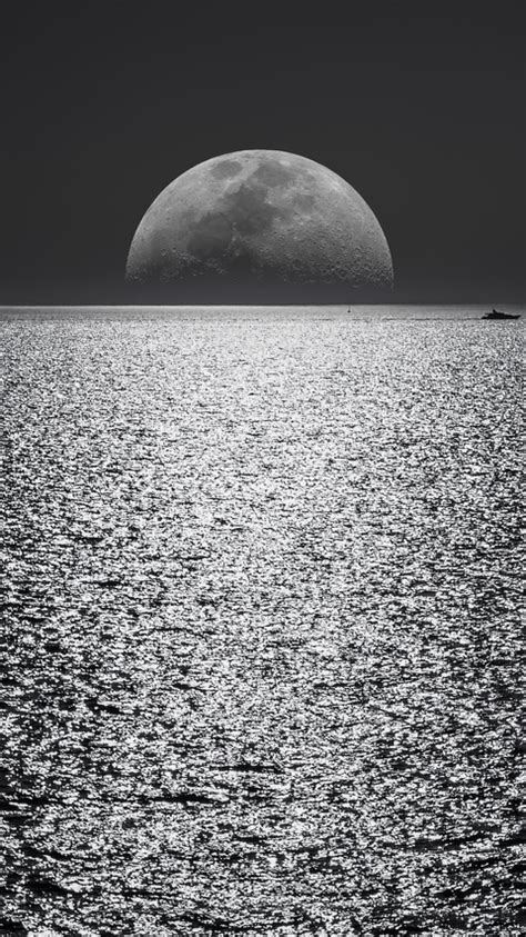 480x854 Black And White Moon Ocean During Night Time Android One Hd 4k