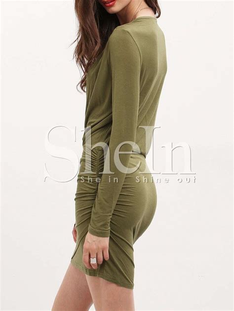 Army Green Long Sleeve Deep V Neck Bodycon Dress Sheinsheinside