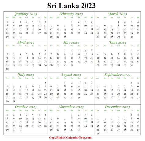Printable Sri Lanka 2023 Calendar Template With Holidays