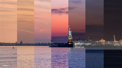 Sunset Time Lapse Composite View Of Statue Of Liberty New York High Res