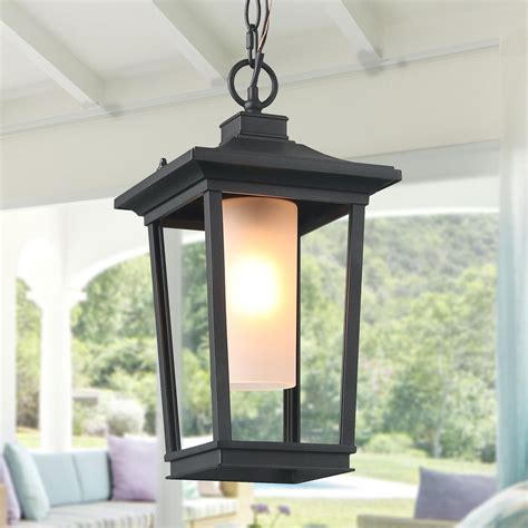 Lnc Craftsman 1 Light Black Modern Outdoor Hanging Lantern With Frosted