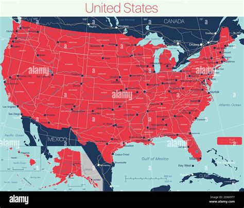 Estados Unidos De América Mapa Detallado Editable Con Ciudades Y